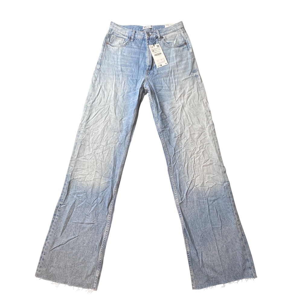 Zara Jeans Women 4 Light Blue Wide Leg‎ High Rise Raw Hem Full Length Denim